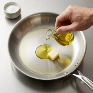 Pouring a small splash of olive oil into a skillet with a pat of butter, a key technique on how to cook with butter without burning.