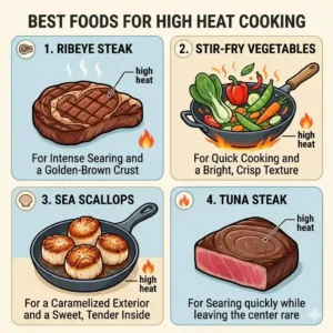 An illustrated guide highlighting the best foods like steak and stir-fry vegetables to demonstrate how to cook with low heat vs high heat settings.