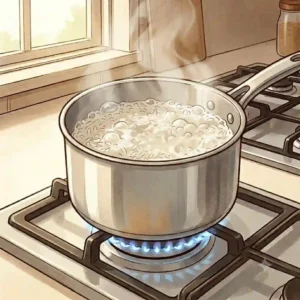 An open stainless steel pot filled with water and rice reaching a rolling boil on a gas stove burner, explaining how to cook rice on stovetop perfectly.
