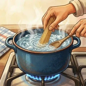 Stirring the pasta in the pot to learn how to cook pasta perfectly every time.