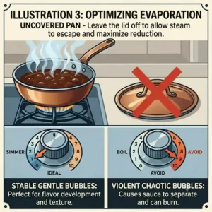 A cooking illustration showing steam escaping from an uncovered pan to explain how to reduce sauce properly.