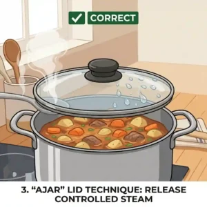 A visual guide to the 'ajar' or cracked lid technique, explaining how to use lid when cooking properly to balance heat retention and steam release.