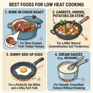 A culinary chart displaying delicate foods like eggs and cream sauces to help understand how to cook with low heat vs high heat successfully.