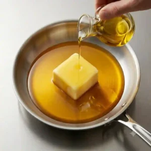 A jar of golden clarified butter next to a hot pan, showing a high-heat alternative for how to cook with butter without burning.