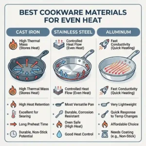An infographic comparing cookware materials to cook food evenly in a pan.