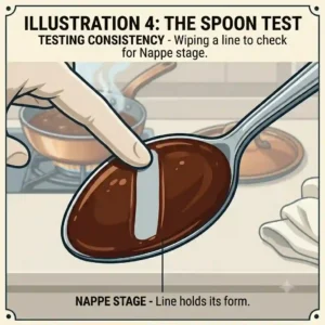 A close-up illustration of the spoon test showing how to reduce sauce properly to achieve the perfect nappe stage consistency.