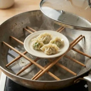 A clever wok hack showing how to steam food using a grid of wooden chopsticks to support a plate over boiling water.
