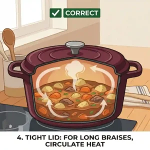 A cross-section illustration of a heavy Dutch oven, showing how to use lid when cooking properly during long braises to lock in moisture and flavor.