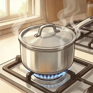 A covered stainless steel pot simmering on low heat with steam escaping from the lid vent, showing how to cook rice on stovetop perfectly.