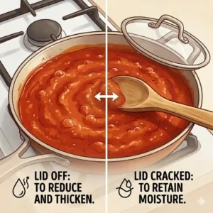 A split graphic showing a pot of sauce simmering with the lid off to reduce and a lid cracked open to control consistency.