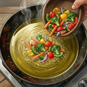 Adding sliced onions to a hot pan to demonstrate how to saute vegetables step by step.