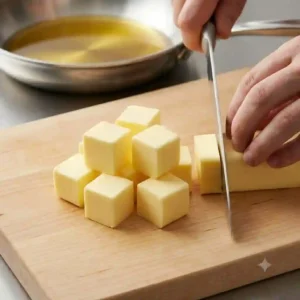 A wooden cutting board with cold butter sliced into small cubes, an essential preparation step for how to cook with butter without burning.