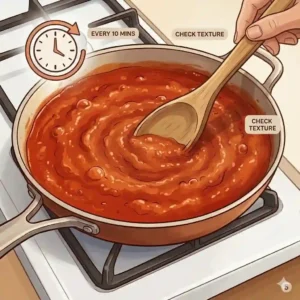 A hand using a wooden spoon to stir a thick pasta sauce, a critical step to prevent burning when you simmer sauce correctly.
