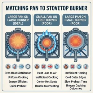 An illustration showing how burner size helps you cook food evenly in a pan.