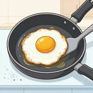 A fully cooked over-hard fried egg with a completely solid yolk and crispy edges.