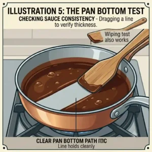 A top-down pan view showing how to reduce sauce properly by dragging a spatula across the bottom.