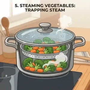 A clear vector image of fresh green broccoli steaming in a pot, which is a perfect example of how to use lid when cooking properly to trap steam effectively.