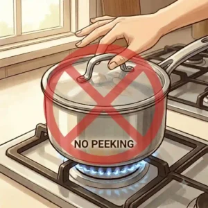 A kitchen illustration with a red stop sign warning against lifting the lid, highlighting the "no peeking" rule for how to cook rice on stovetop perfectly.

Illustration 6: > A covered pot resting off the heat on a kitchen counter to allow the
