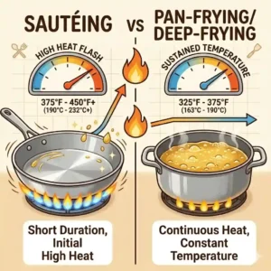High heat applied to aromatics in a shallow pan, emphasizing the distinct temperature requirements and difference between saute and fry cooking.
