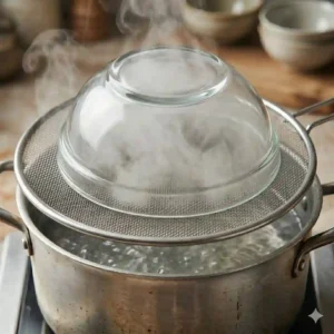 A kitchen splatter screen used over a pot of boiling water to create an easy DIY food steaming setup.