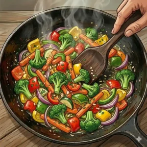 A chef tossing ingredients in a skillet while following how to saute vegetables step by step.