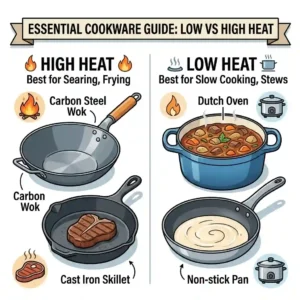 A cookware comparison layout featuring non-stick pans and cast-iron skillets to teach home chefs how to cook with low heat vs high heat using the right tools.