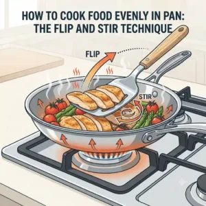 Using the flip and stir technique to cook food evenly in a pan.