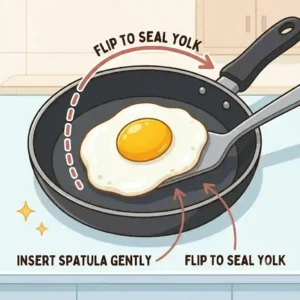 A step-by-step cooking illustration demonstrating how to gently flip a fried egg using a thin spatula.