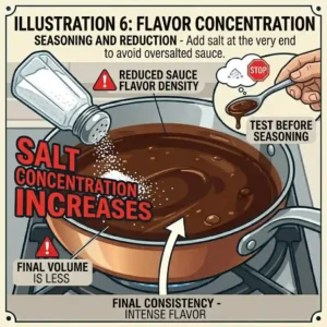 A caution infographic regarding flavor concentration to explain how to reduce sauce properly without over-salting.