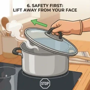 A safety illustration showing a hand lifting a pot lid at an angle, directing steam away from the face to teach viewers how to use lid when cooking properly and safely.