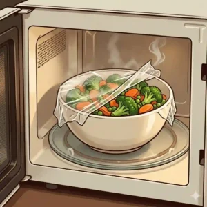 A quick method for steaming vegetables in the microwave using a covered bowl with a small vent for steam.