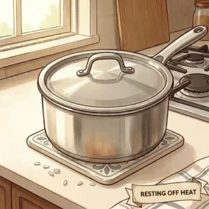 A covered pot resting off the heat on a kitchen counter to allow the trapped steam to finish, part of the process of how to cook rice on stovetop perfectly.