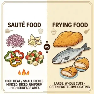 Fried chicken breasts are lifted from a pot of hot oil, illustrating the deep oil requirement and showing the difference between saute and fry cooking.