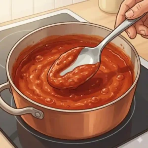 The back of a spoon coated in thick tomato sauce to test if it has been simmered correctly to the right consistency.