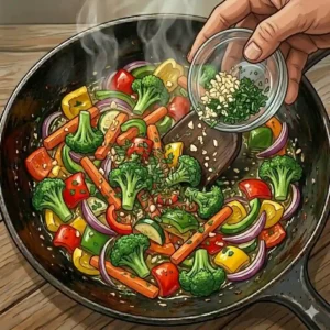 Adding garlic and herbs for flavor when mastering how to saute vegetables step by step.