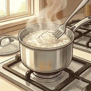 A metal fork gently lifting and separating the grains of hot steaming white rice in a pot, completing the guide on how to cook rice on stovetop perfectly.