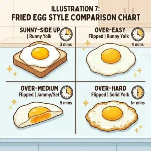 A comprehensive quick-reference chart comparing different styles of frying eggs and their required cooking times.