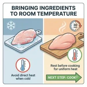 Bringing ingredients to room temperature to cook food evenly in a pan.