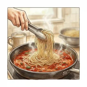 Tossing the cooked pasta with sauce to finish how to cook pasta perfectly every time.