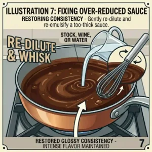A step-by-step graphic showing how to reduce sauce properly and then fix it by adding liquid if it becomes too thick.