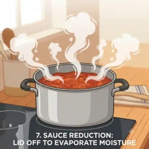 A visual comparison of reducing sauces in a pot with the lid completely off, which is a vital lesson on how to use lid when cooking properly for flavor concentration.