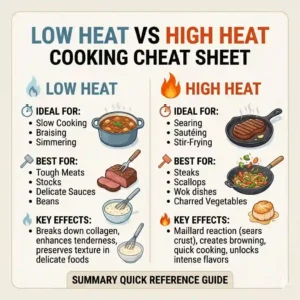 A comprehensive summary quick-reference guide and kitchen cheat sheet that wraps up the core lessons on how to cook with low heat vs high heat.