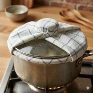 A pot lid wrapped in a kitchen towel to trap heat and safely steam food without a steamer machine.