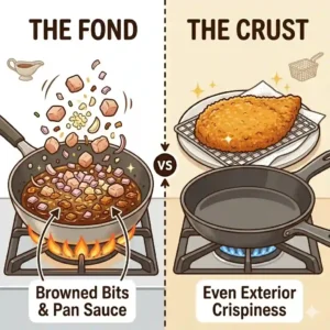 Side-by-side comparison of a shallow saute pan and a deeper skillet, detailing the difference between saute and fry cooking pan designs.