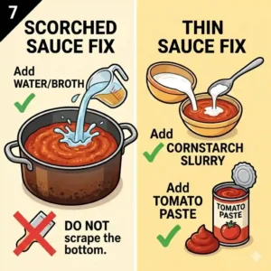 A troubleshooting guide diagram detailing how to fix common mistakes and learn how to simmer sauce correctly.