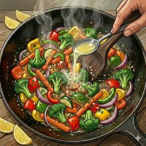 A splash of lemon juice over the final dish in this how to saute vegetables step by step guide.