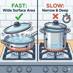 Wide pan versus narrow pot to learn how to boil water faster tips.