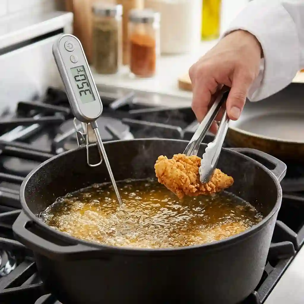 "A digital thermometer measuring the best cooking temperature for frying foods in a deep pot of bubbling oil."
