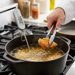 "An infographic guide showing deep frying temperature ranges alongside the best cooking temperature for frying foods."
