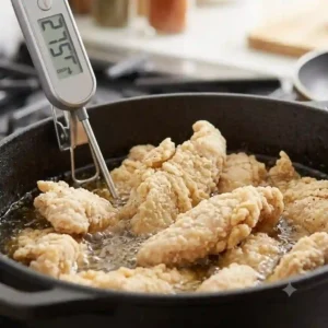 "Testing frying oil temperature using a wooden spoon to check for the best cooking temperature for frying foods."